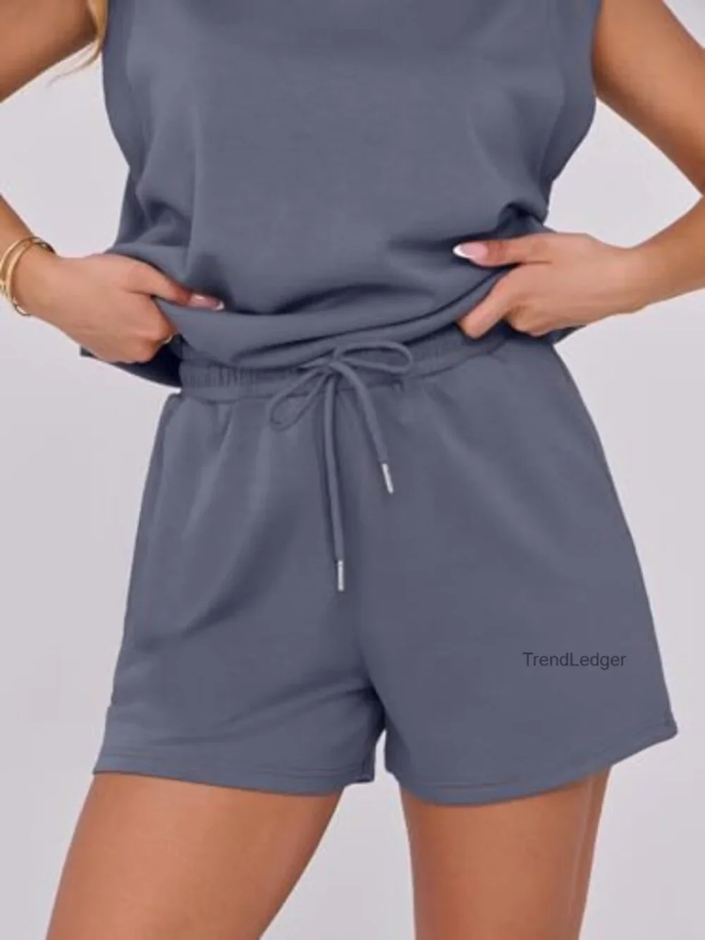 Women's 2 Piece Lounge Short Set Crewneck Cap Sleeve Drawstring